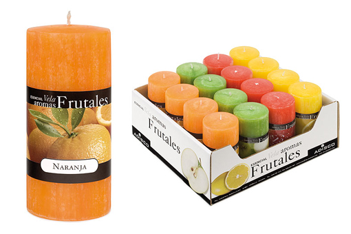 etiqueta y caja de velas frutales adisco